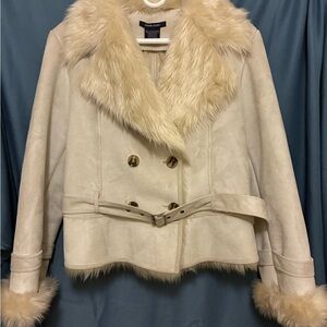 Boston Proper Cream Teddy Jacket with Faux Fur Trim